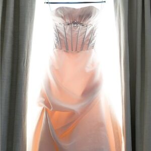 Strapless Blush Satin Ball Gown with Rhinestone Waist